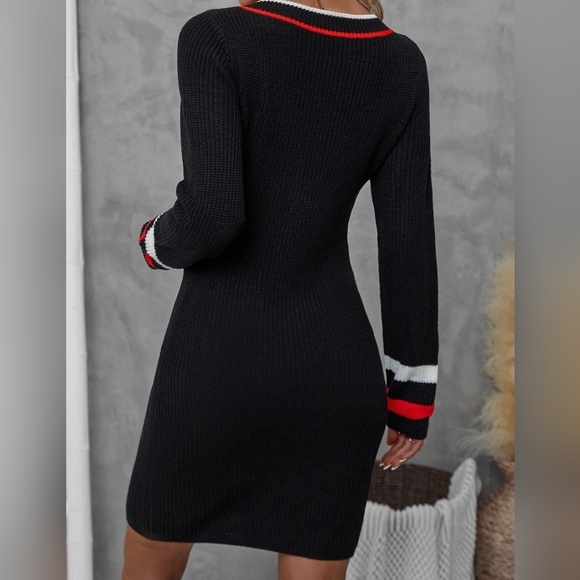 Striped Trim V Neck Sweater Dress - Picture 6 of 6